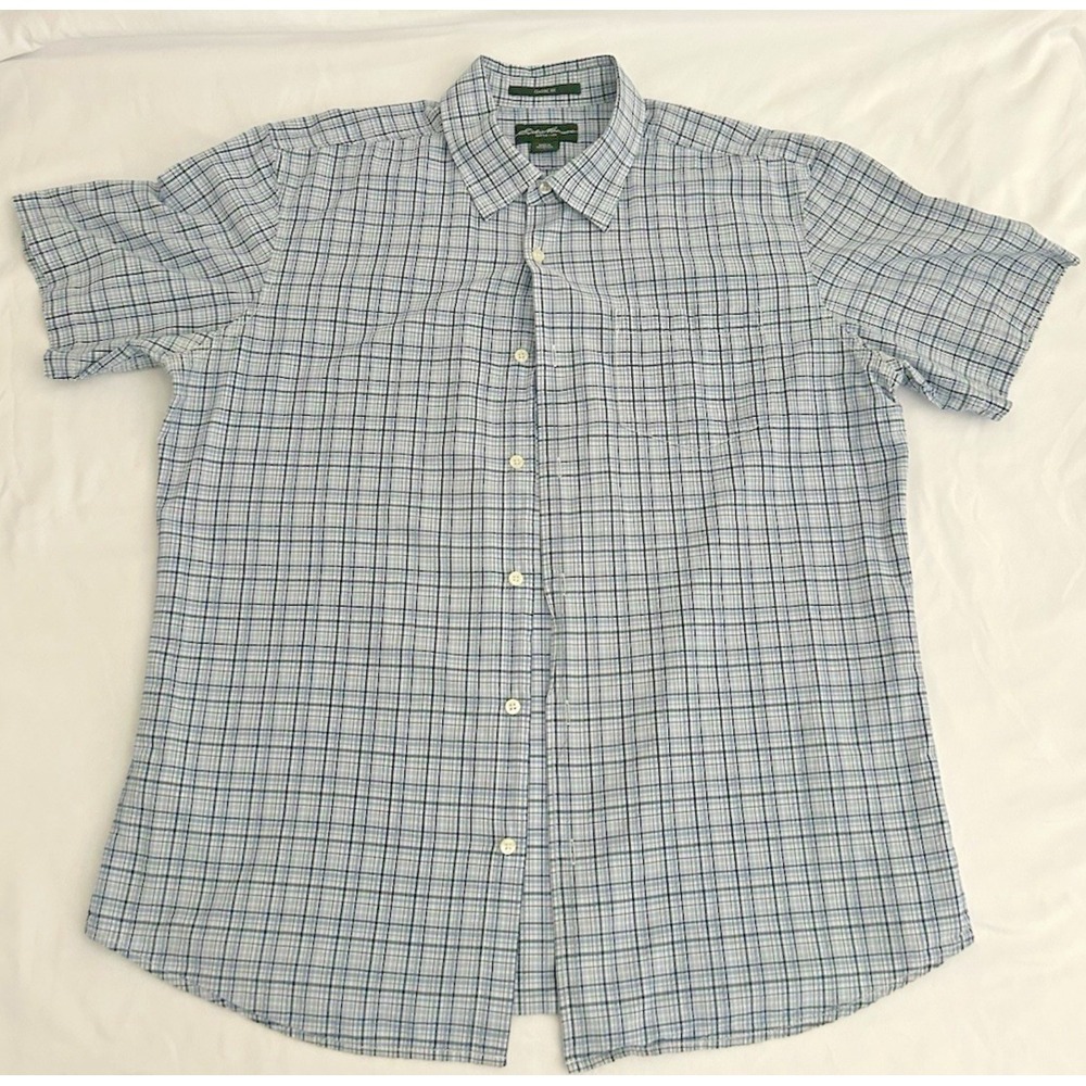 Eddie Bauer Mens Large Blue Plaid Classic Fit SS Button Up Shirt Preppy Business